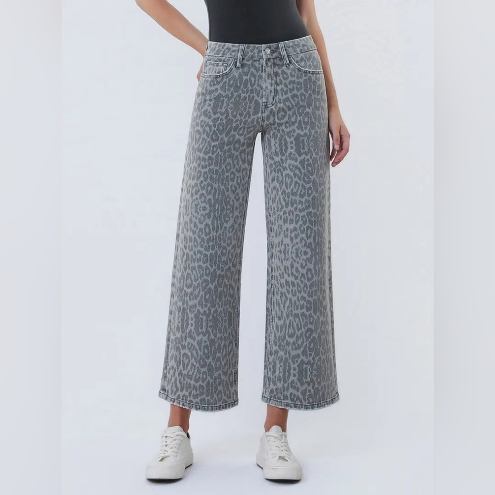 High Rise Grey Leopard Print Crop Wide Leg Jeans